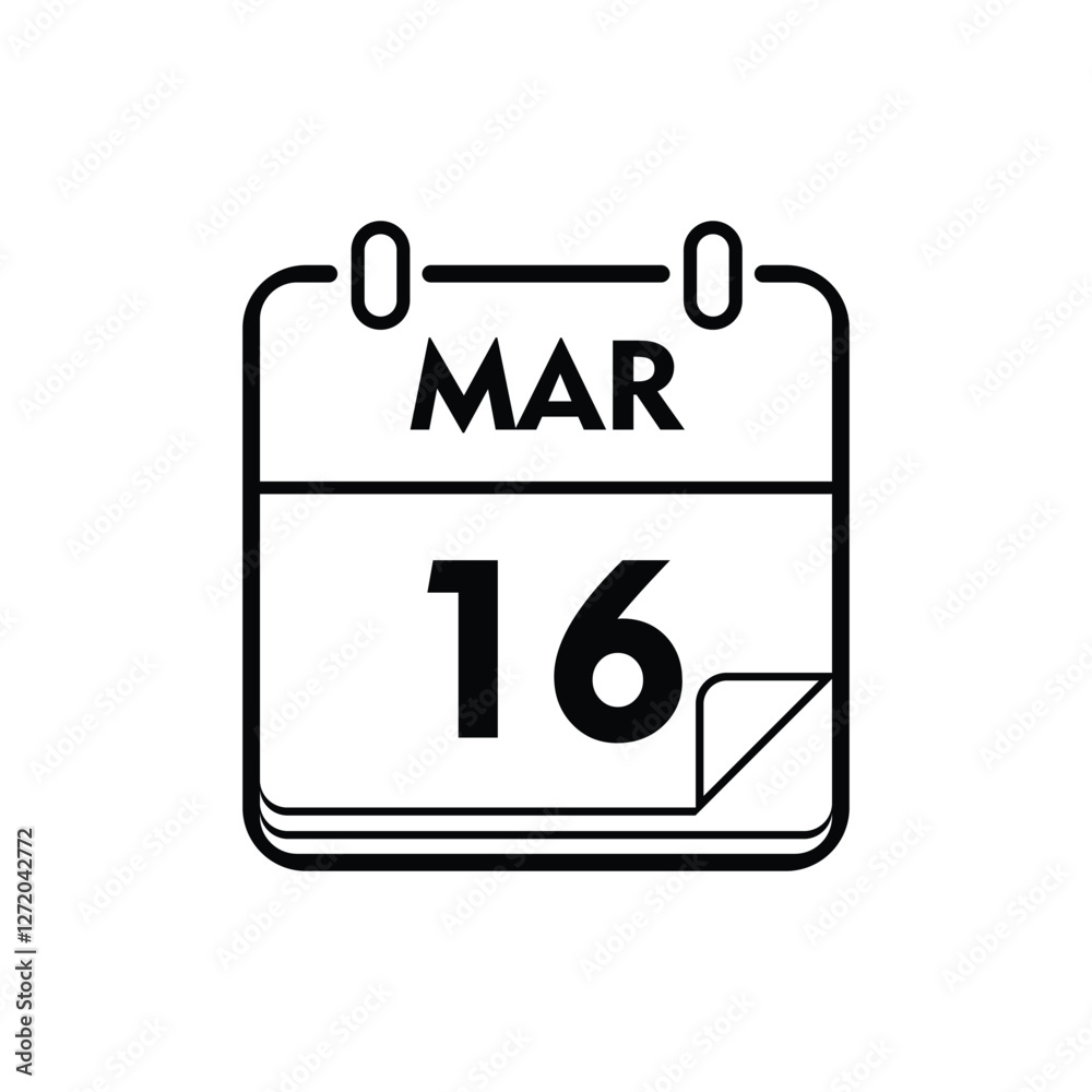 calender icon, 16 march icon with white background calender icon, 16 march icon with white background