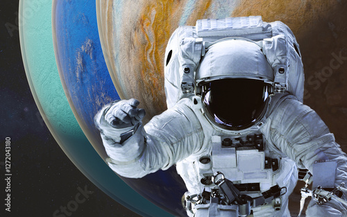 Space astronaut floating in space during a spacewalk, in a front of turquoise, blue, sandy fiction planets with atmosphere visible below. Elements of 3D rendered illustration were furnished by NASA.
