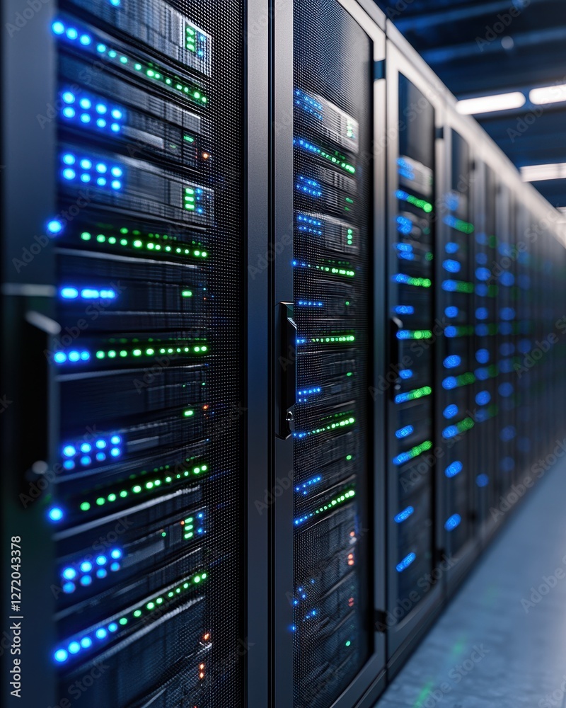 High-Tech Data Center with Blinking Servers and Colorful LED Lights in a Modern IT Infrastructure Setting High-Tech Data Center with Blinking Servers and Colorful LED Lights in a Modern IT Infrastructure Setting