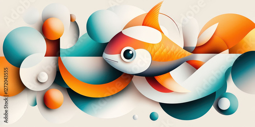 A cheerful fish joyfully jumps out of clear waters, surrounded by bright, colorful shapes in a minimal flat style. This artwork radiates happiness and joyful energy in every detail