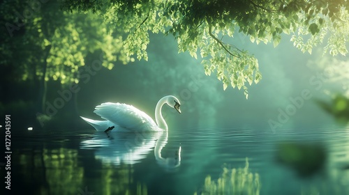 Serene swans gliding peacefully on calm golden waters high resolution photo