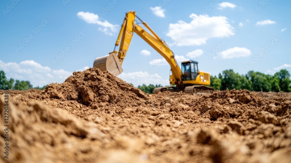 Excavator digging soil, sunny day, construction site (1) Excavator digging soil, sunny day, construction site (1)