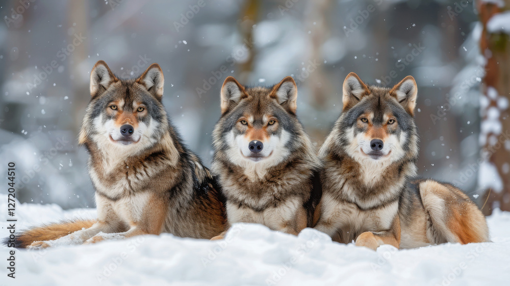 Three wolves sitting on the snow looking at the camera. Three wolves sitting on the snow looking at the camera.