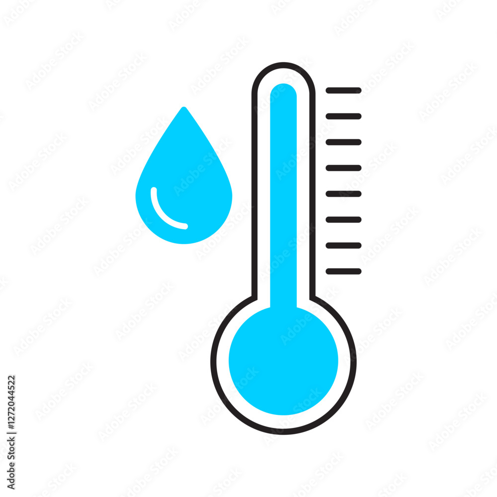 Water Temperature Indicator Silhouette and Line Icon . Mercury Thermometer and Water Drop Color Pictogram. Temperature and Humidity Level Sign Collection. Isolated Vector Illustration.
