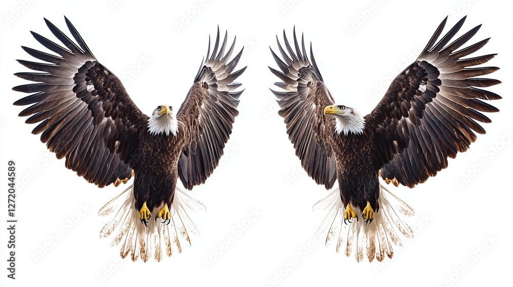Fototapeta premium Set of two bald eagles flying isolated on white background 