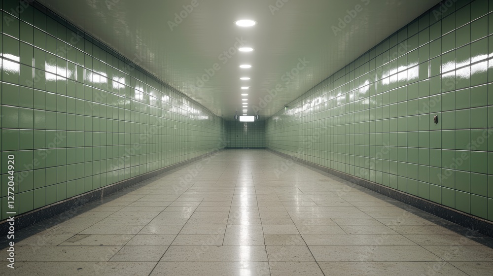 Obraz premium Empty underground pedestrian tunnel with green tiled walls and bright ceiling lights leading to a vanishing point.