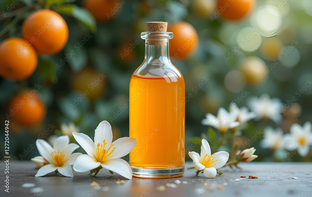 orange tincture in bottle against garden with ripe oranges. Ai generated