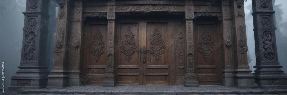 Fog-shrouded temple entrance with intricately carved wooden doors, intricate carvings, atmospheric lighting Fog-shrouded temple entrance with intricately carved wooden doors, intricate carvings, atmospheric lighting