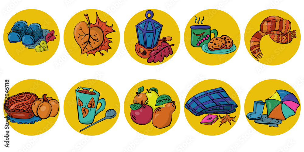 set of bright autumn stickers on a yellow background, doodle style illustrations on a cozy theme set of bright autumn stickers on a yellow background, doodle style illustrations on a cozy theme