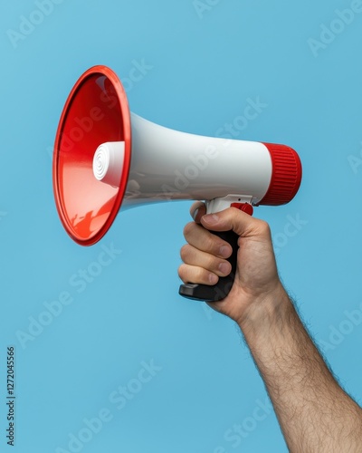 Hand holding a white and red megaphone against a bright blue background for communication and announcement purposes