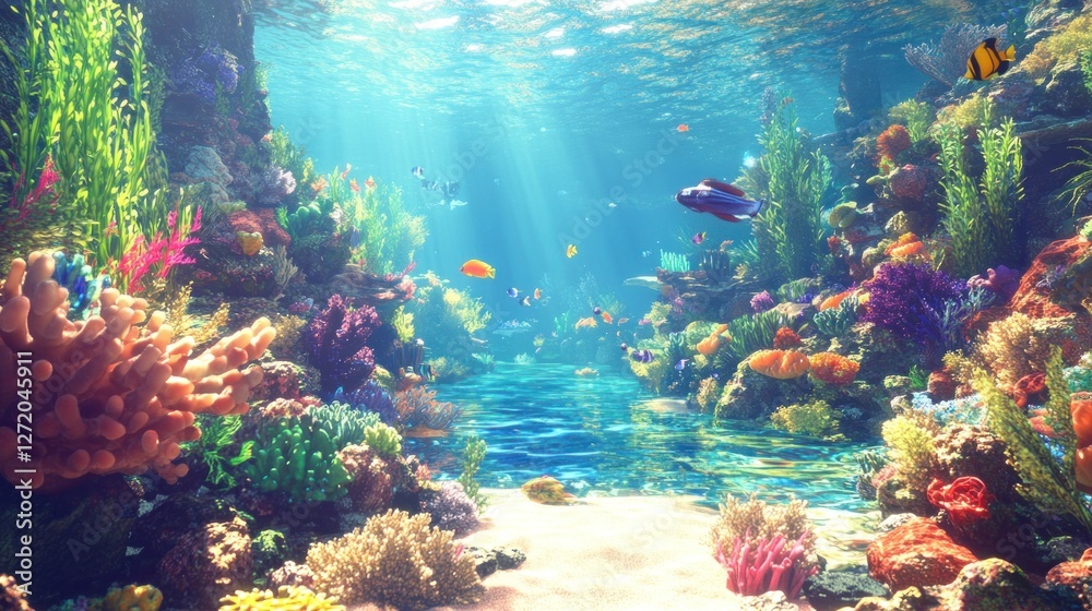 Fototapeta premium Vibrant coral reef underwater scene, sunbeams, fish, ocean background, nature documentary