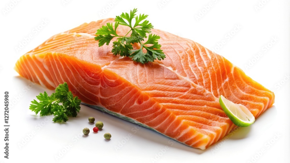 Fresh salmon fillet on a white background, culinary, meat, fishmonger Fresh salmon fillet on a white background, culinary, meat, fishmonger
