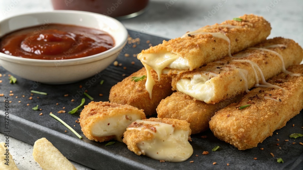 Fried mozzarella sticks with a side of tangy BBQ sauce, bbq sauce, appetizers, snack foods, mozzarella stick, dipping sauce Fried mozzarella sticks with a side of tangy BBQ sauce, bbq sauce, appetizers, snack foods, mozzarella stick, dipping sauce