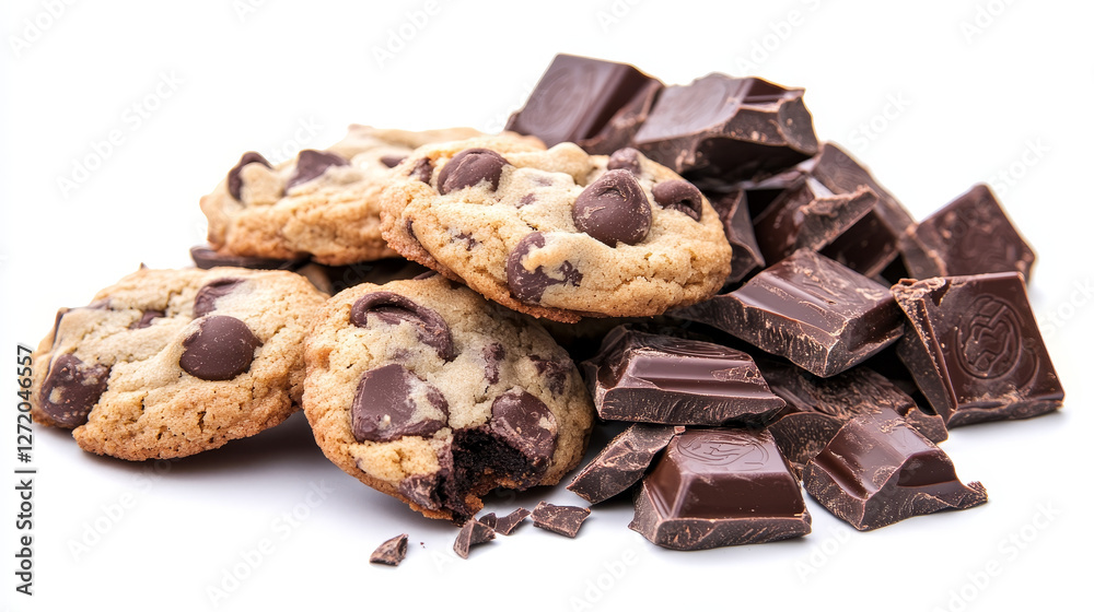 A collection of half-eaten chocolate chip cookies accompanied by chunks of rich dark chocolate, presented against a white backdrop A collection of half-eaten chocolate chip cookies accompanied by chunks of rich dark chocolate, presented against a white backdrop