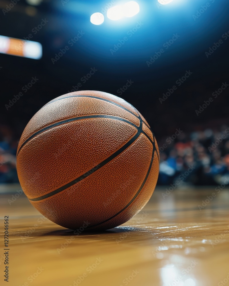 Obraz premium Close-Up of a Basketball on a Gym Floor Under Bright Lights During a Game or Practice Session