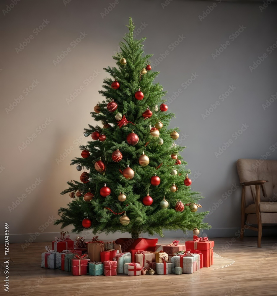 Full spruce Christmas tree with ornaments and greenery, decorations, color Full spruce Christmas tree with ornaments and greenery, decorations, color