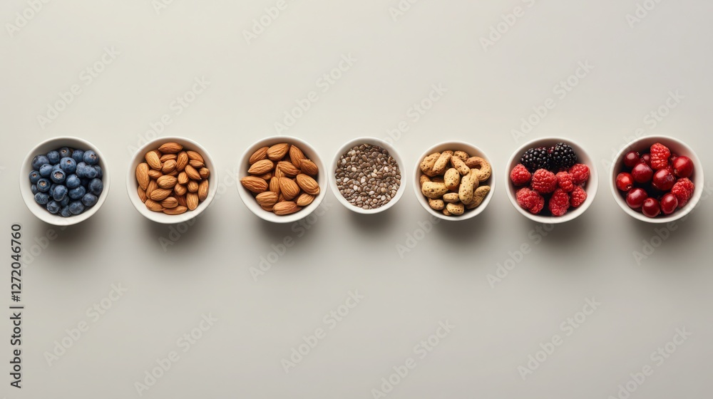Variety of Healthy Snacks: Almonds, Berries, Nuts, and Seeds in Bowls Variety of Healthy Snacks: Almonds, Berries, Nuts, and Seeds in Bowls