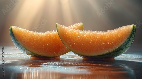 Fresh Watermelon Slices, Sunlight, Dew Drops, Table photo