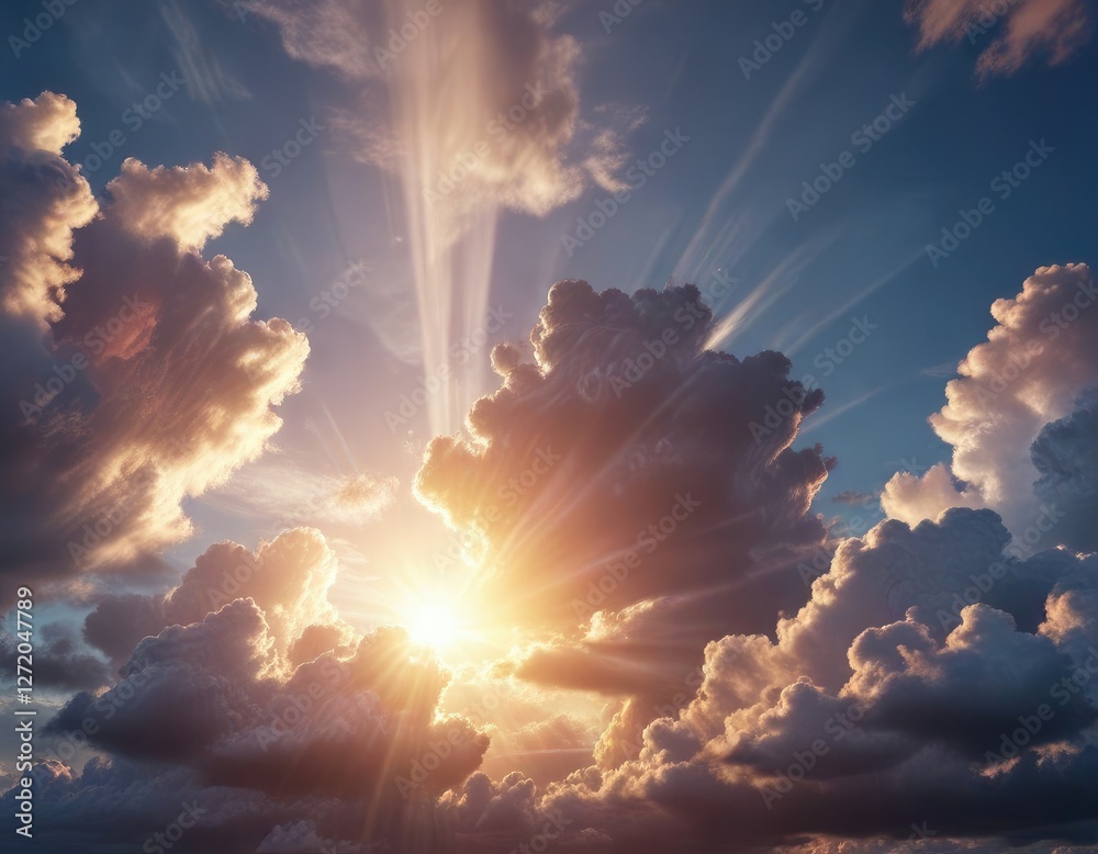Fototapeta premium Cloudy sky with sun shining through the clouds, cloud formations, sunshine through clouds