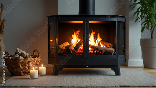 fireplace with decorations, burn