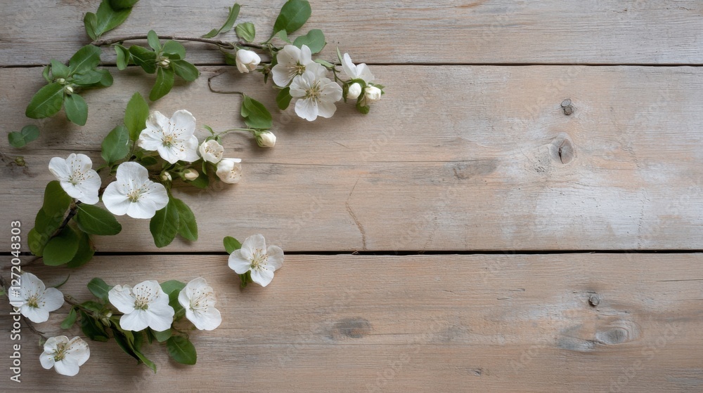 Overhead shot of a delicate floral setting with small blossoms spread across a wooden surface, artistic and airy atmosphere, well-balanced and detailed textures, ultra-sharp focus Overhead shot of a delicate floral setting with small blossoms spread across a wooden surface, artistic and airy atmosphere, well-balanced and detailed textures, ultra-sharp focus