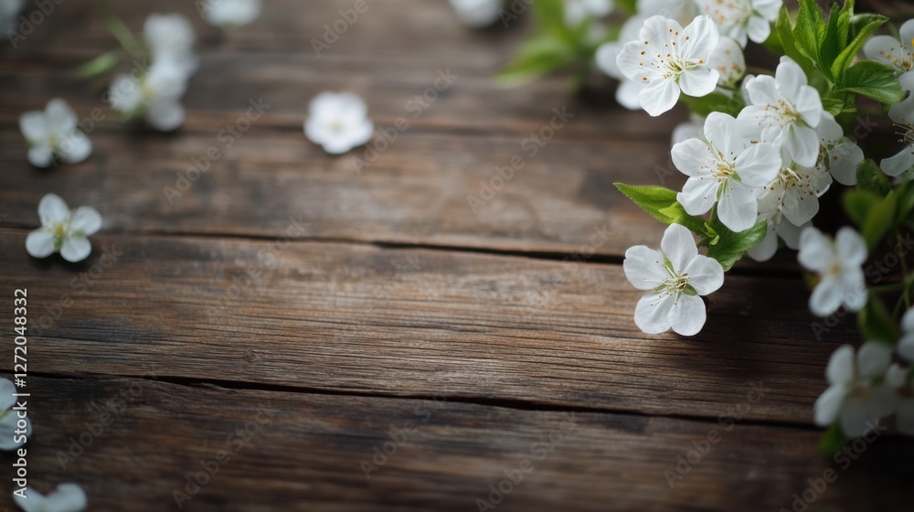 Overhead shot of a delicate floral setting with small blossoms spread across a wooden surface, artistic and airy atmosphere, well-balanced and detailed textures, ultra-sharp focus Overhead shot of a delicate floral setting with small blossoms spread across a wooden surface, artistic and airy atmosphere, well-balanced and detailed textures, ultra-sharp focus