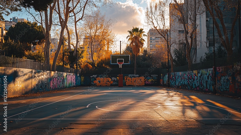 Fototapeta premium Urban basketball court sunset with graffiti and shadows in city park