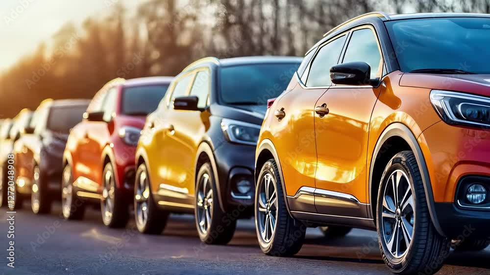 Suvs parked in row at sunset, modern automotive lineup featuring orange crossover vehicle with led headlights, metallic bodywork, alloy wheels. Contemporary compact urban vehicles displayed Suvs parked in row at sunset, modern automotive lineup featuring orange crossover vehicle with led headlights, metallic bodywork, alloy wheels. Contemporary compact urban vehicles displayed