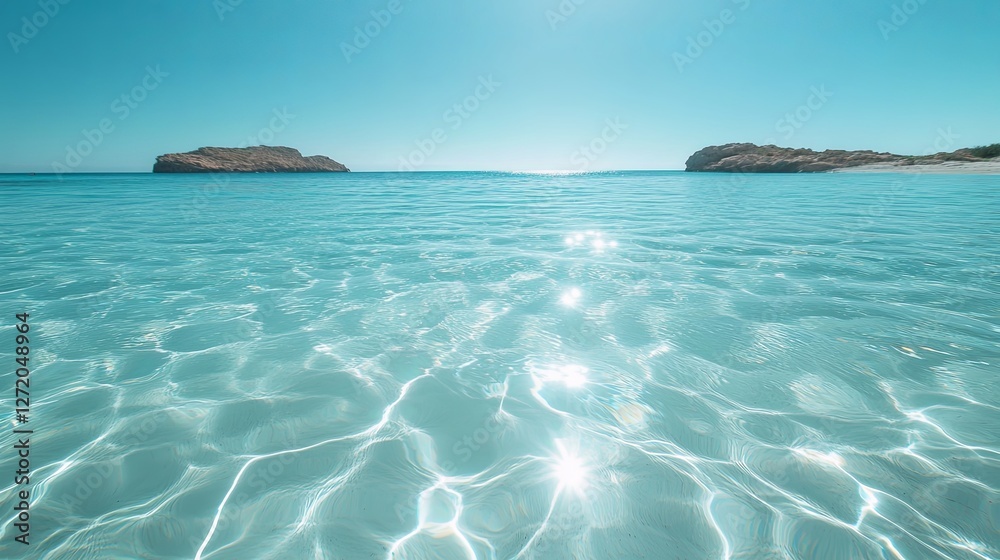 Serene turquoise ocean waves reflecting sunlight under clear blue sky Serene turquoise ocean waves reflecting sunlight under clear blue sky