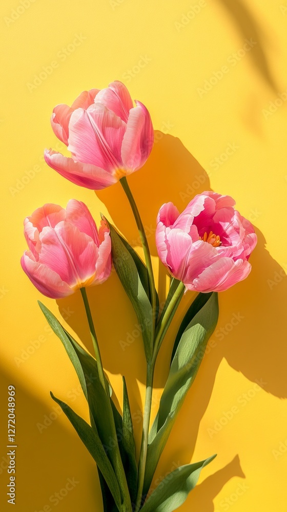 Obraz premium Radiant tulips and elegant peonies bloom splendidly against a cheerful yellow background, capturing the essence of springtime joy. Each petal glows softly under warm sunlight