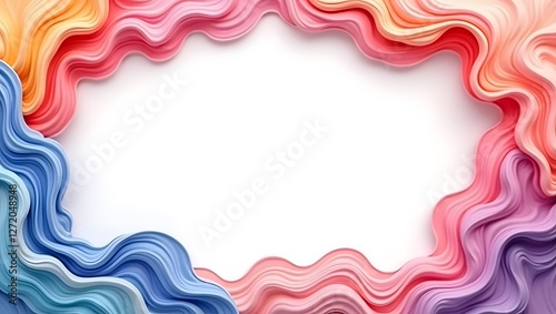 Colorful smooth swirling fluid abstract waves frame on white background, copy space
