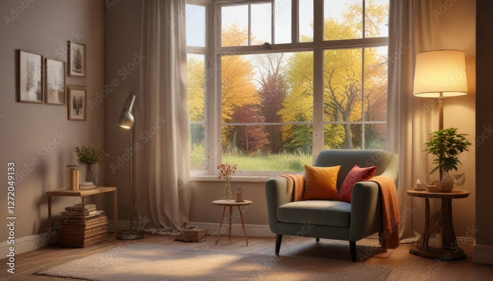Obraz premium Cozy reading nook with large window, comfortable armchair and floor lamp, interior, chair
