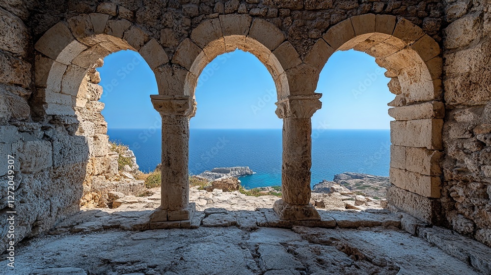 Fototapeta premium Ancient stone archway overlooking blue sea in ruins