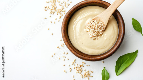 A homemade serving of tahini, a creamy paste made from ground sesame seeds, elegantly isolated against a white background