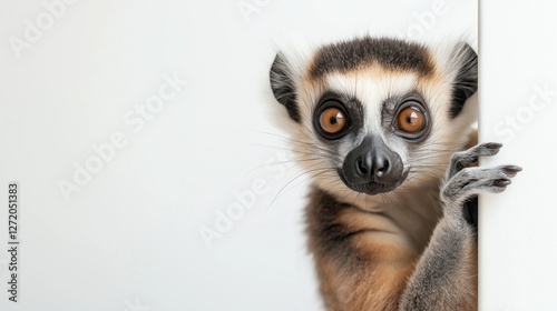 A baby lemur is peeking out from behind a white wall. The lemur has a curious expression on its face, and its eyes are wide open. The scene is playful and lighthearted