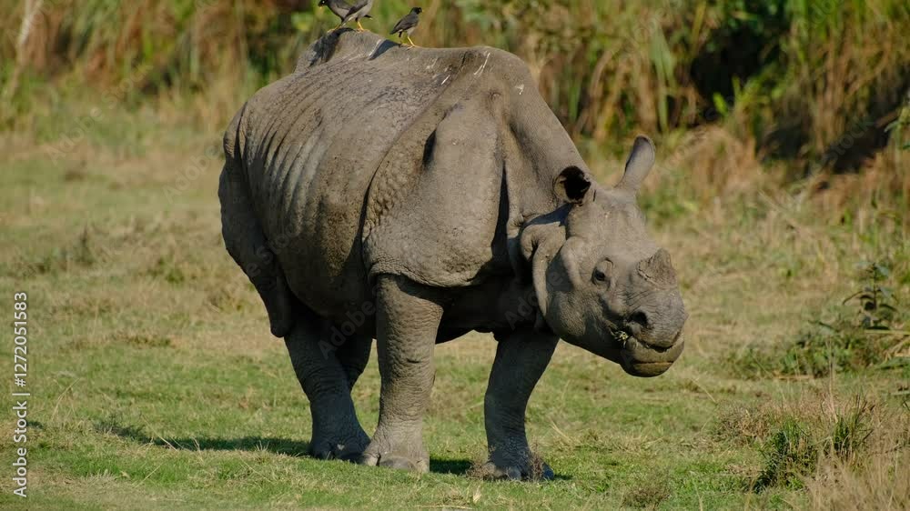 One-horned rhino grazing in the Kaziranga National Park in Assam, India. His back is stained with the droppings of jungle mynas who accompany him. One-horned rhino grazing in the Kaziranga National Park in Assam, India. His back is stained with the droppings of jungle mynas who accompany him.
