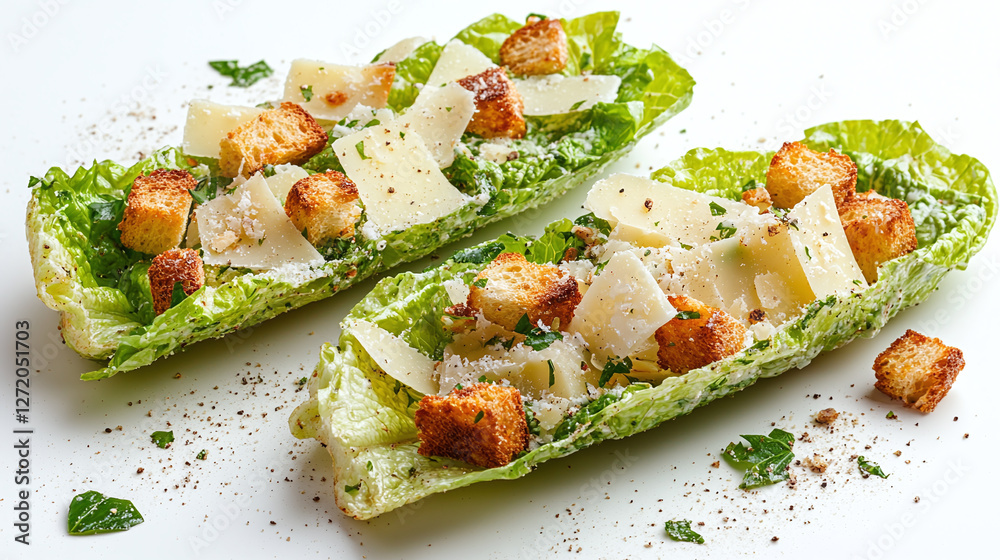 Bundle of two caesar salads with crisp romaine, croutons, and parmesan shavings isolated on white background. Bundle of two caesar salads with crisp romaine, croutons, and parmesan shavings isolated on white background.