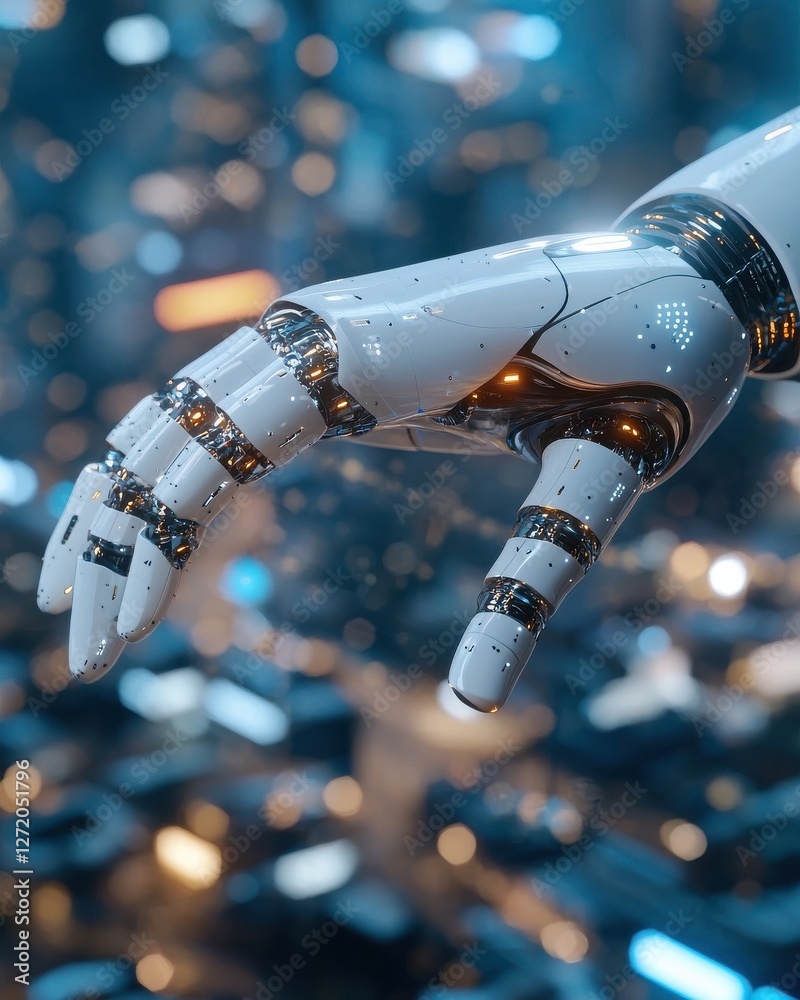 Futuristic robotic hand reaching out in a vibrant cityscape with glowing lights and advanced technology ambiance Futuristic robotic hand reaching out in a vibrant cityscape with glowing lights and advanced technology ambiance