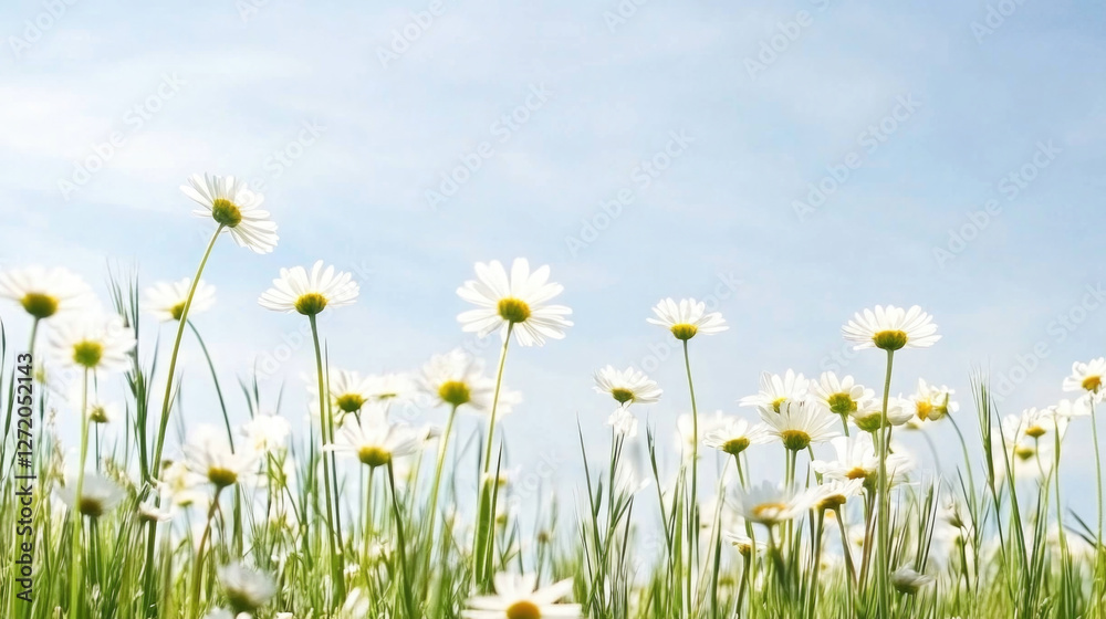 Bright daisies bloom in a sunny meadow under a clear blue sky Bright daisies bloom in a sunny meadow under a clear blue sky