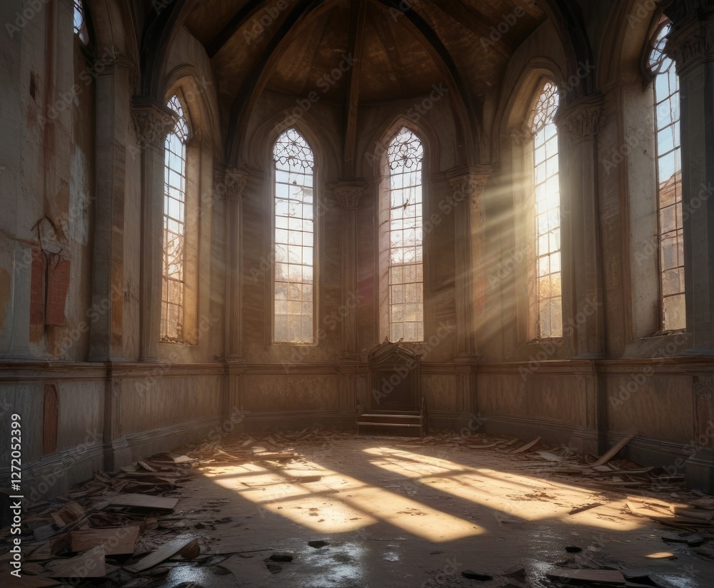 Obraz premium Dilapidated church facade with sunbeams piercing through broken panes , sunlight, silence