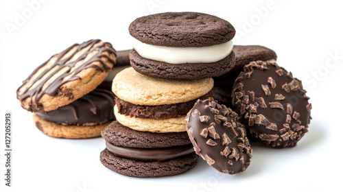 A selection of chocolate sandwich cookies, featuring baked biscuits filled with creamy milk stuffing, isolated on a white background with clipping path