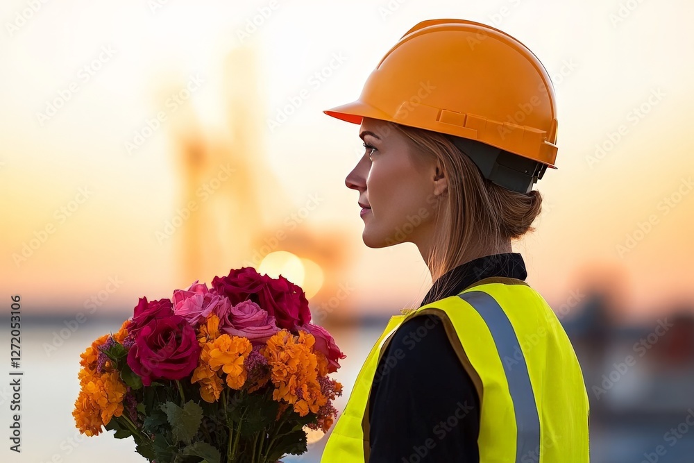 Female construction worker wearing safety helmet and high visibility vest holding bouquet of flowers at industrial site symbolizing workplace diversity and empowerment Female construction worker wearing safety helmet and high visibility vest holding bouquet of flowers at industrial site symbolizing workplace diversity and empowerment