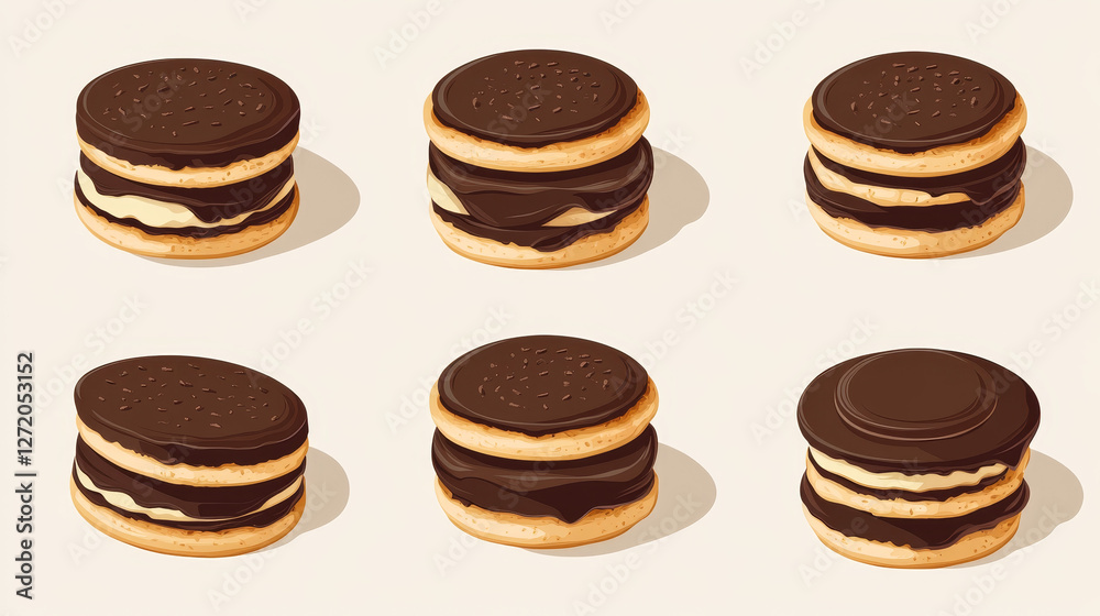 A selection of round biscuit sandwiches layered with chocolate filling, depicted in various positions as vector templates for web design A selection of round biscuit sandwiches layered with chocolate filling, depicted in various positions as vector templates for web design