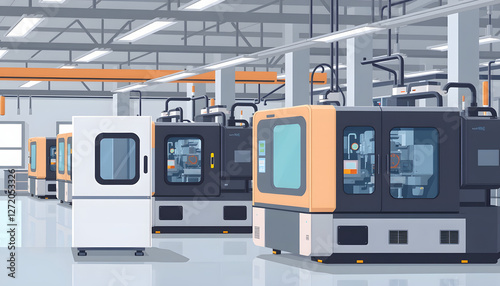 High-tech plastic injection molding machines lined up in a modern factory. with white shades