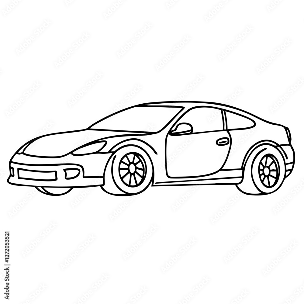 Fototapeta premium Car line art featuring a sleek black and white drawing of a sports car. Suitable for automotive design projects and coloring books