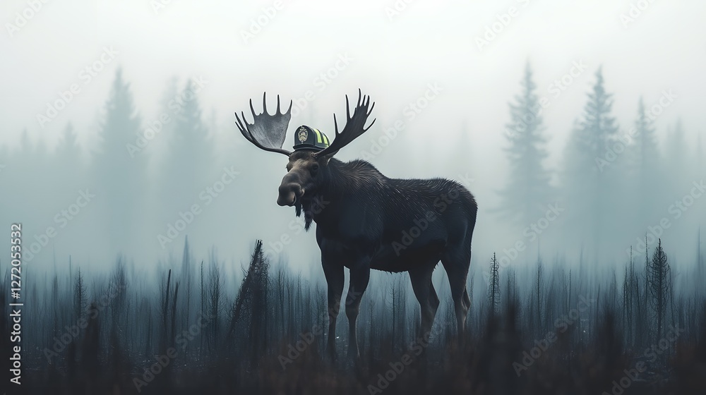 Ethereal Moose Amidst Charred Woodland in Misty Atmosphere Ethereal Moose Amidst Charred Woodland in Misty Atmosphere