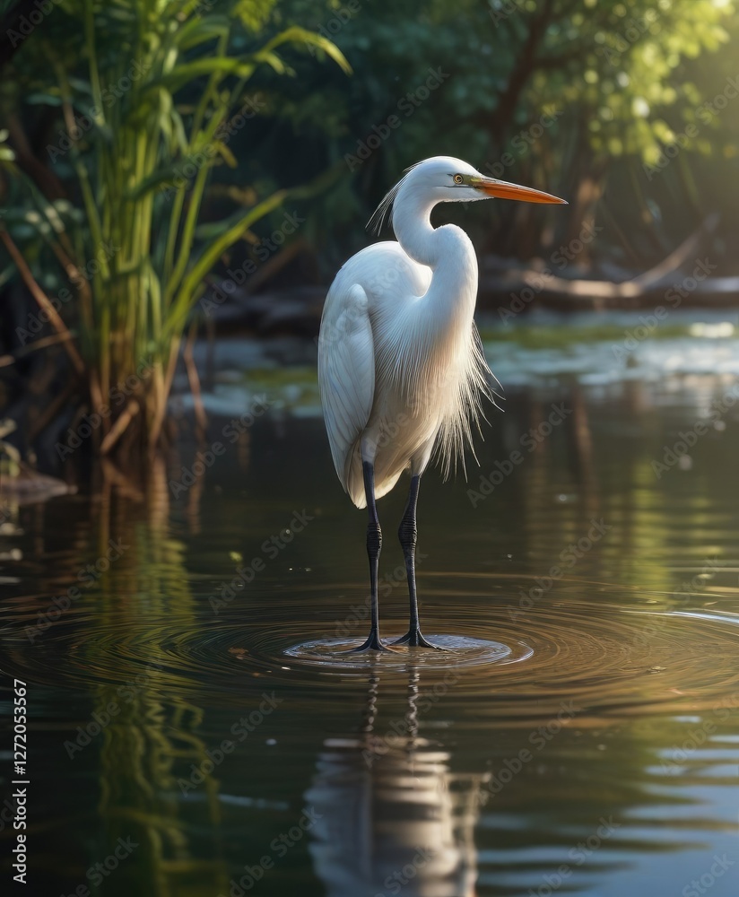 Naklejka premium Egret wading in shallow water looking for fish, hunt, wading, prey