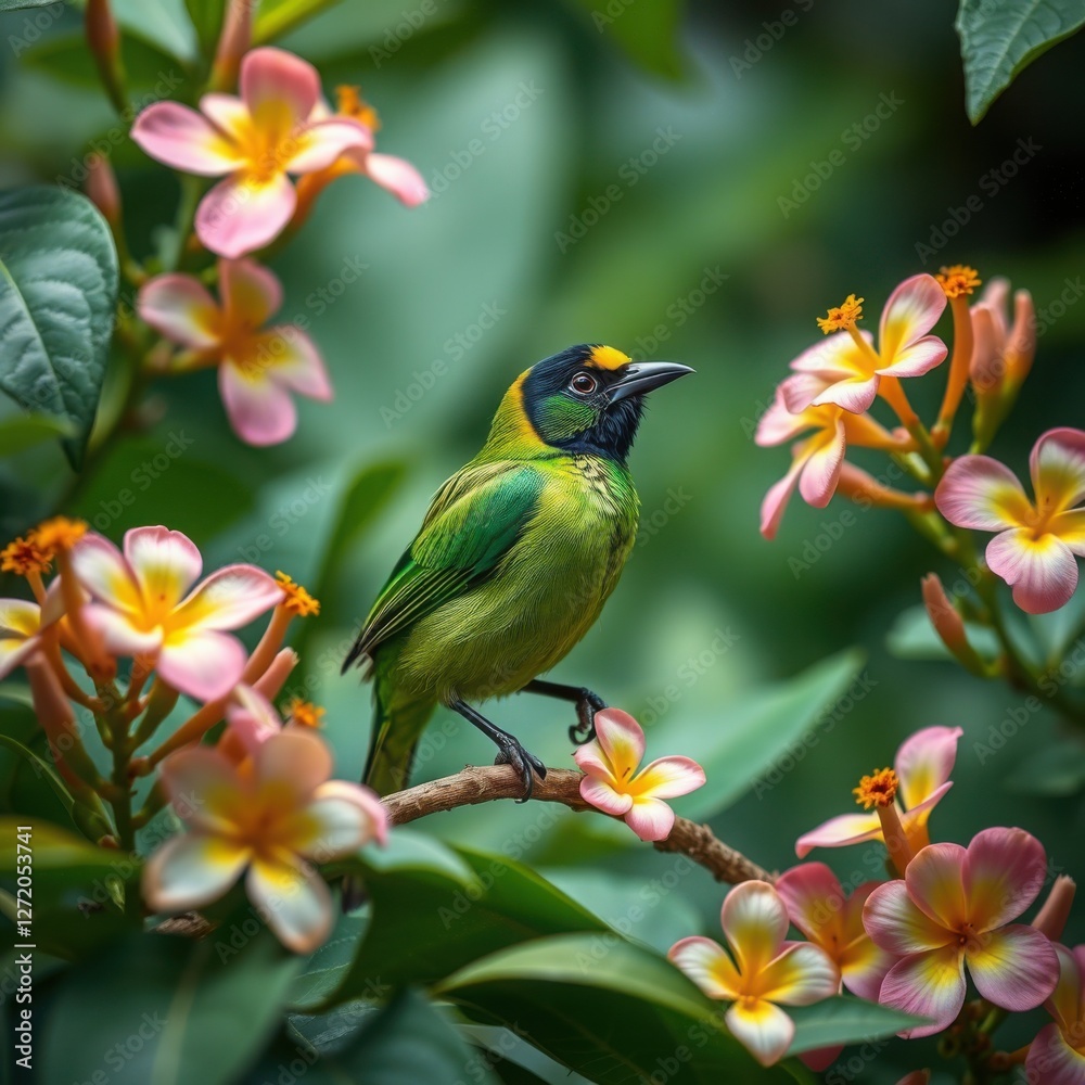 Obraz premium Vibrant Green Bird Perched Among Colorful Flowers in Tropical Paradise