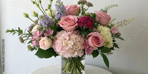 Fototapeta Naklejka Na Ścianę i Meble -  Elegant floral arrangement with long-stemmed roses peonies and hydrangeas, floral arrangement, foliage