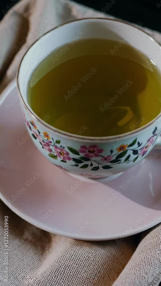 Elegant floral tea cup with lemon on neutral linen surface Elegant floral tea cup with lemon on neutral linen surface